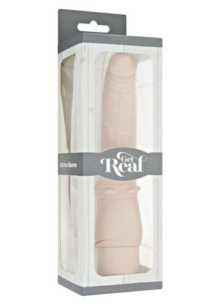 Beiger silikonvibrator in klarer plastikverpackung mit grauer kartonumhüllung und get real branding