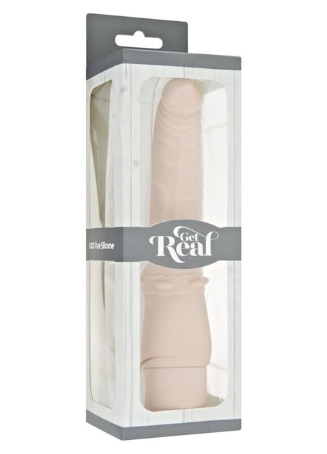 Beiger silikonvibrator in klarer plastikverpackung mit grauer kartonumhüllung und get real branding