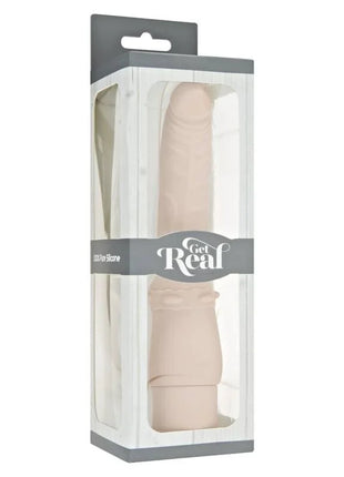 Beiger silikonvibrator in klarer plastikverpackung mit grauer kartonumhüllung und get real branding
