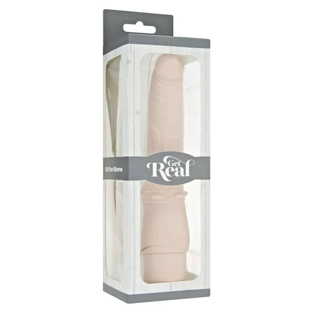 Beiger silikonvibrator in klarer plastikverpackung mit grauer kartonumhüllung und get real branding