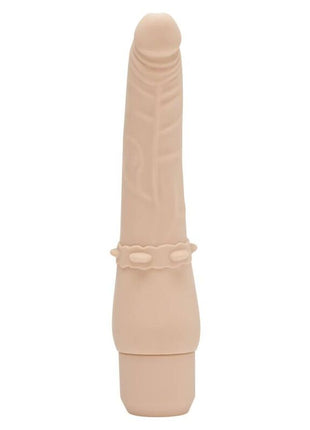 Beiger silikon vibrator mit glatter textur und dekorativem band aus der get real klassisch glatte vibrator-haut serie