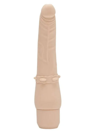 Beiger silikon vibrator mit glatter textur und dekorativem band aus der get real klassisch glatte vibrator-haut serie