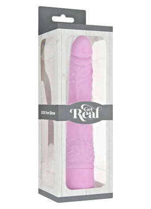 Get real klassischer schlanker vibrator rosa aus silikon in transparenter verpackung mit get real branding
