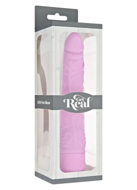 Get real klassischer schlanker vibrator rosa aus silikon in transparenter verpackung mit get real branding