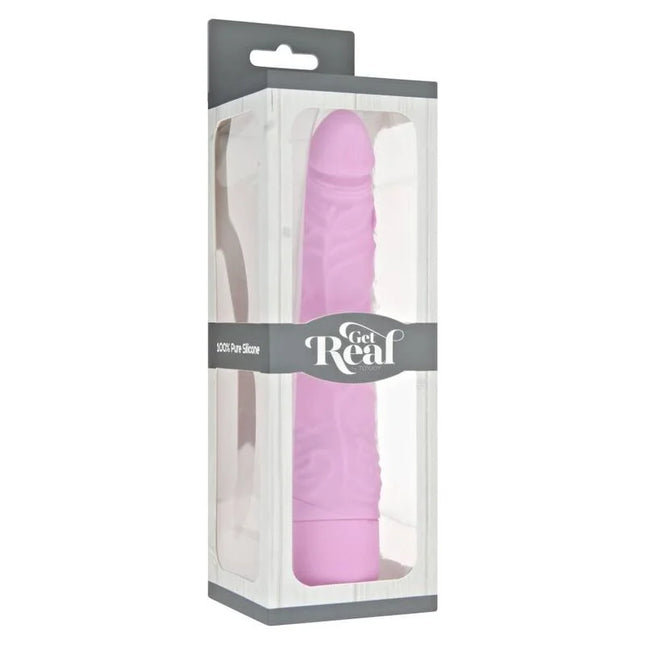 Get real klassischer schlanker vibrator rosa aus silikon in transparenter verpackung mit get real branding