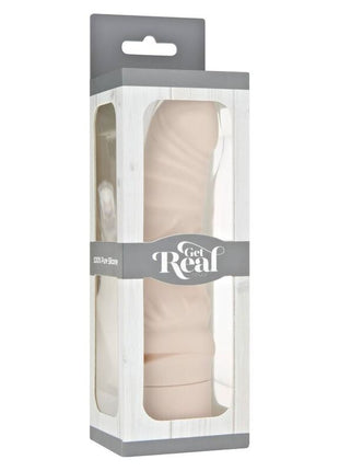 Beiger silikon mini classic g-spot vibrator von get real in transparenter plastik- und grauer kartonverpackung