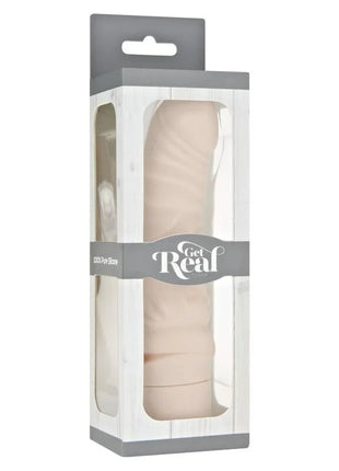 Beiger silikon mini classic g-spot vibrator von get real in transparenter plastik- und grauer kartonverpackung