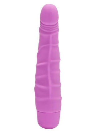 Ein schlanker get real mini classic slim vibrator rosa in solidem lila silikon mit strukturierter, gerippter oberfläche