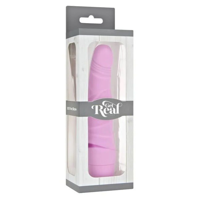 Pink silikon mini vibrator get real mini classic slim in transparenter plastik- und grauer kartonverpackung