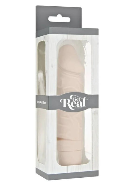 Ein beiger get real mini classic vibrator skin aus 100 prozent reinem silikon in klarer plastik- und grauer kartonverpackung