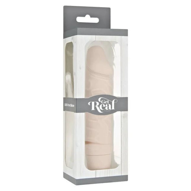 Ein beiger get real mini classic vibrator skin aus 100 prozent reinem silikon in klarer plastik- und grauer kartonverpackung