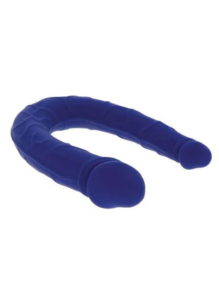 Blauer silikon doppelkopf dildo mit struktur und abgerundeten spitzen aus der serie get real realistischer mini-doppeldong
