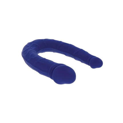 Blauer silikon doppelkopf dildo mit struktur und abgerundeten spitzen aus der serie get real realistischer mini-doppeldong