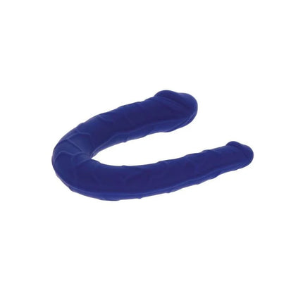 Ein plushes, tiefblaues u-förmiges spielzeug mit weicher, strukturierter oberfläche im produkt get real realistischer mini-doppeldong blau