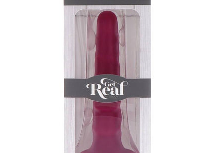 Eine tiefrote gerippte dildo aus silikon in transparenter verpackung mit schwarzer get real marke 12 cm lang