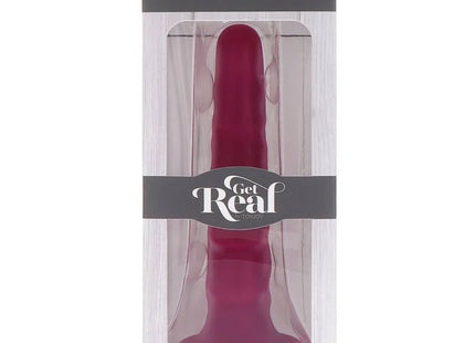 Eine tiefrote gerippte dildo aus silikon in transparenter verpackung mit schwarzer get real marke 12 cm lang