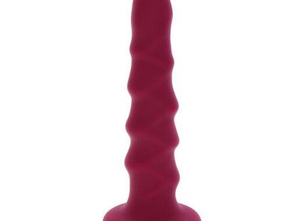 Ein tiefroter, gerippter silikon-analplug mit flachem grund und strukturierter oberfläche 12 cm lang