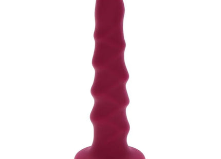 Ein tiefroter, gerippter silikon-analplug mit flachem grund und strukturierter oberfläche 12 cm lang
