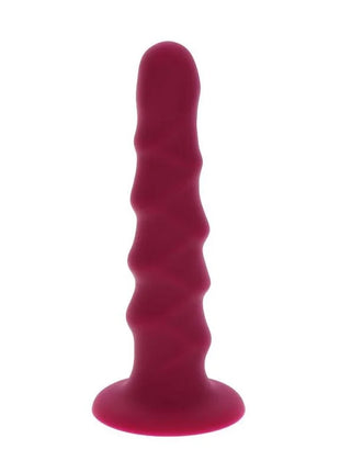 Ein tiefroter, gerippter silikon-analplug mit flachem grund und strukturierter oberfläche 12 cm lang