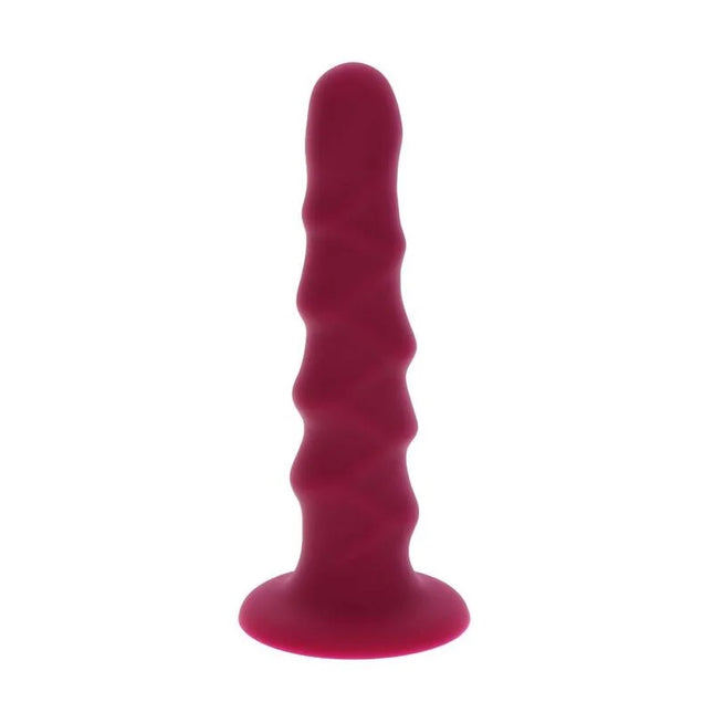 Ein tiefroter, gerippter silikon-analplug mit flachem grund und strukturierter oberfläche 12 cm lang