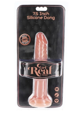 Ein 7,5 zoll pfirsichfarbener silikon-dildo von get real aus 100% reinem silikon in schwarzer blisterverpackung