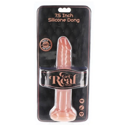 Ein 7,5 zoll pfirsichfarbener silikon-dildo von get real aus 100% reinem silikon in schwarzer blisterverpackung
