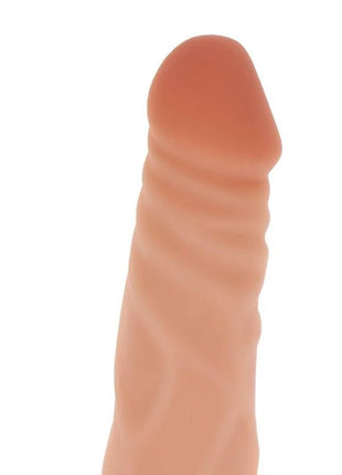 Peachfarbener silikon dildo mit texturierten rippen am schaft 19 cm aus der get real silkon dong serie