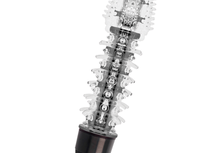 Glossy axel black vibrator in klarem kunststoff mit schwarzer basis silbernen metallteilen und led-lichtern