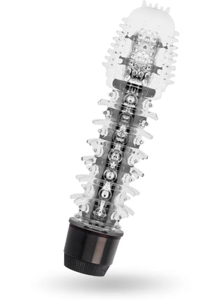 Glossy axel black vibrator in klarem kunststoff mit schwarzer basis silbernen metallteilen und led-lichtern