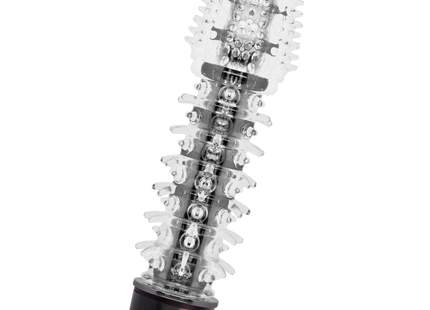 Glossy axel black vibrator mit transparentem kunststoff, klarem, gerundetem, strukturiertem kopf und schwarzer basis
