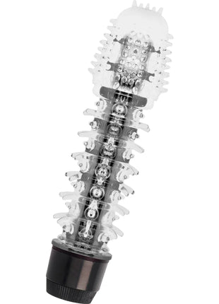 Glossy axel black vibrator mit transparentem kunststoff, klarem, gerundetem, strukturiertem kopf und schwarzer basis