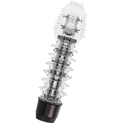 Glossy axel black vibrator mit transparentem kunststoff, klarem, gerundetem, strukturiertem kopf und schwarzer basis