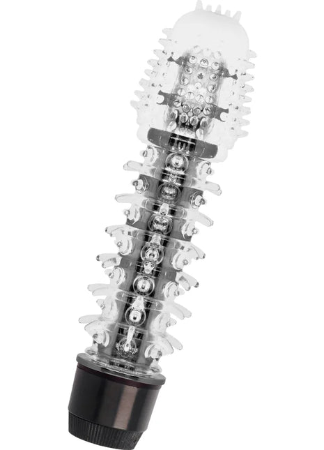 Glossy axel black vibrator mit transparentem kunststoff, klarem, gerundetem, strukturiertem kopf und schwarzer basis