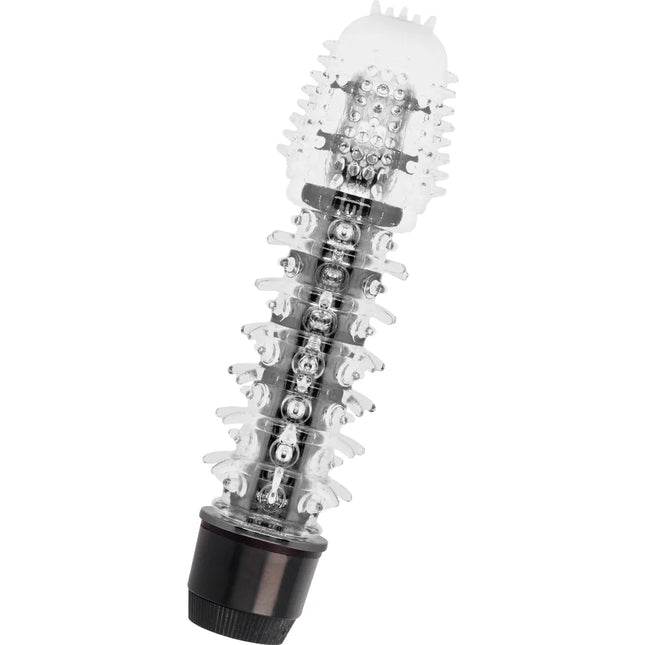 Glossy axel black vibrator mit transparentem kunststoff, klarem, gerundetem, strukturiertem kopf und schwarzer basis