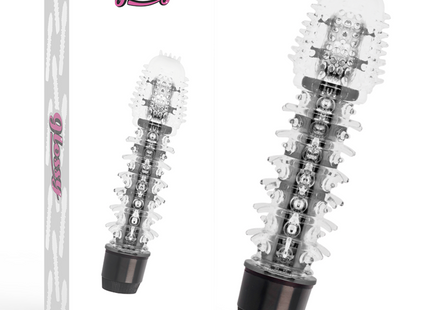 Glossy axel black vibrator aus klarem transparentem material mit schwarzer basis und silbernen metallakzenten