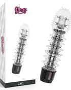 Glossy axel black vibrator aus klarem transparentem material mit schwarzer basis und silbernen metallakzenten