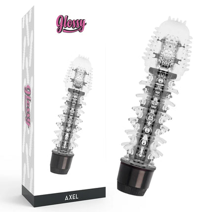 Glossy axel black vibrator aus klarem transparentem material mit schwarzer basis und silbernen metallakzenten