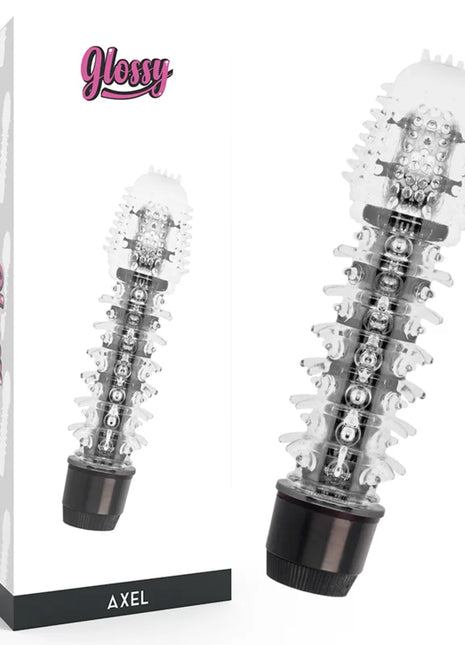Glossy axel black vibrator aus klarem transparentem material mit schwarzer basis und silbernen metallakzenten