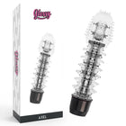 Glossy axel black vibrator aus klarem transparentem material mit schwarzer basis und silbernen metallakzenten