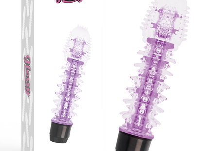Lila transparenter vibrator mit weißen strukturspitzen und schwarzer basis vom modell axel der marke glossy