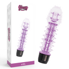 Lila transparenter vibrator mit weißen strukturspitzen und schwarzer basis vom modell axel der marke glossy