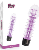 Lila transparenter vibrator mit weißen strukturspitzen und schwarzer basis vom modell axel der marke glossy
