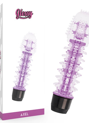 Lila transparenter vibrator mit weißen strukturspitzen und schwarzer basis vom modell axel der marke glossy