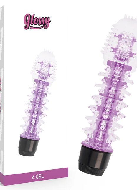 Lila transparenter vibrator mit weißen strukturspitzen und schwarzer basis vom modell axel der marke glossy