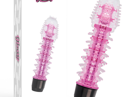 Rosa transparenter kunststoff vibrator mit weißen strukturstacheln und schwarzer basis modell glossy axel