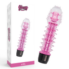 Rosa transparenter kunststoff vibrator mit weißen strukturstacheln und schwarzer basis modell glossy axel
