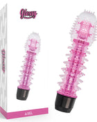 Rosa transparenter kunststoff vibrator mit weißen strukturstacheln und schwarzer basis modell glossy axel