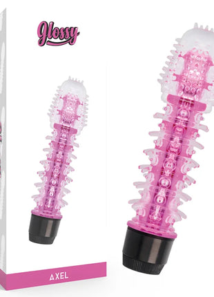 Rosa transparenter kunststoff vibrator mit weißen strukturstacheln und schwarzer basis modell glossy axel