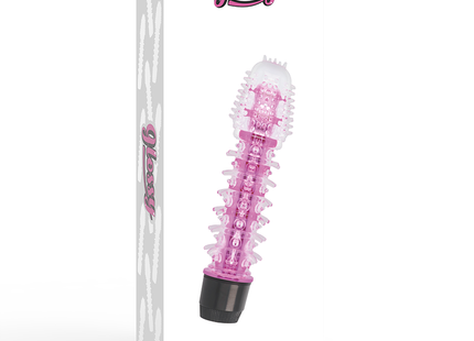 Pink transparenter vibrator mit schwarzer basis und strukturierten rippen von glossy axel im modell glossy axel vibrator rosa