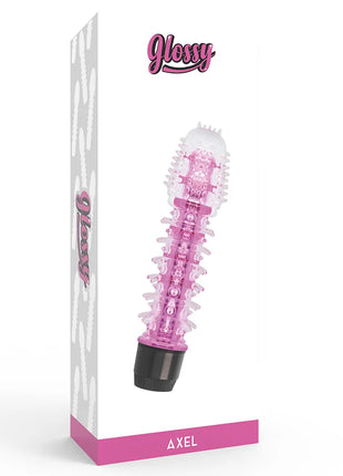 Pink transparenter vibrator mit schwarzer basis und strukturierten rippen von glossy axel im modell glossy axel vibrator rosa